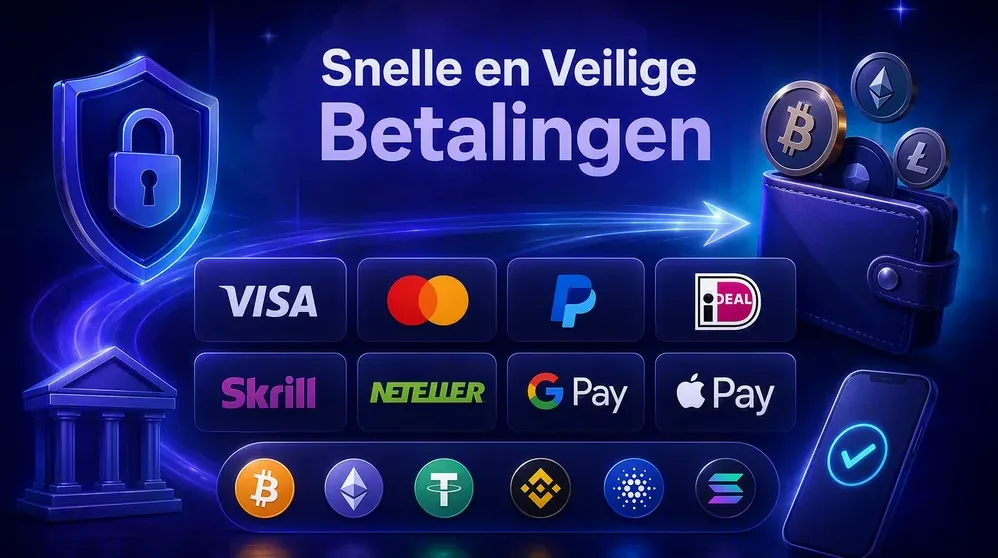 iDEAL, Visa, Mastercard en crypto betalingslogo's